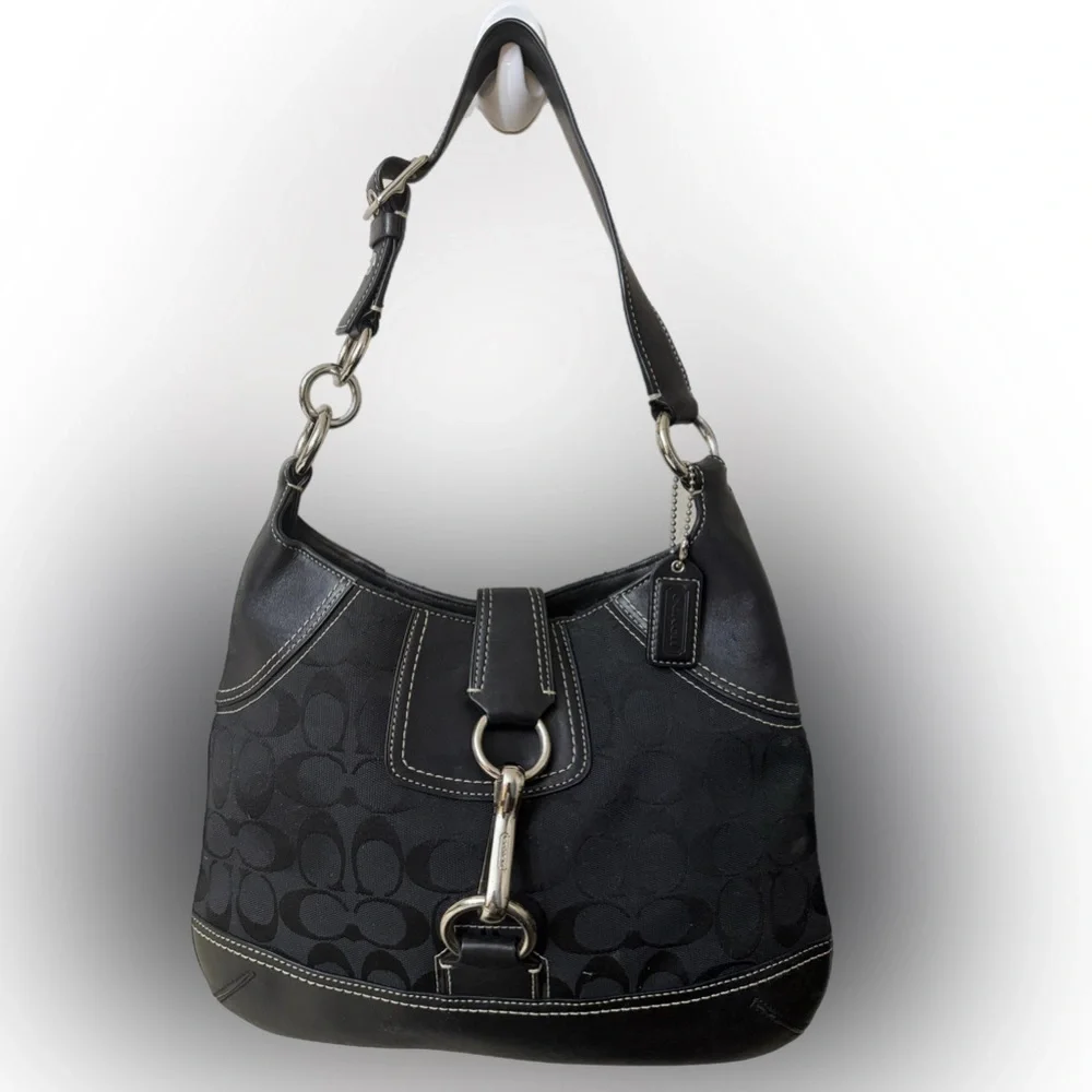 Coach Signature Black Leather Fabric Shoulder Hobo Bag #10242